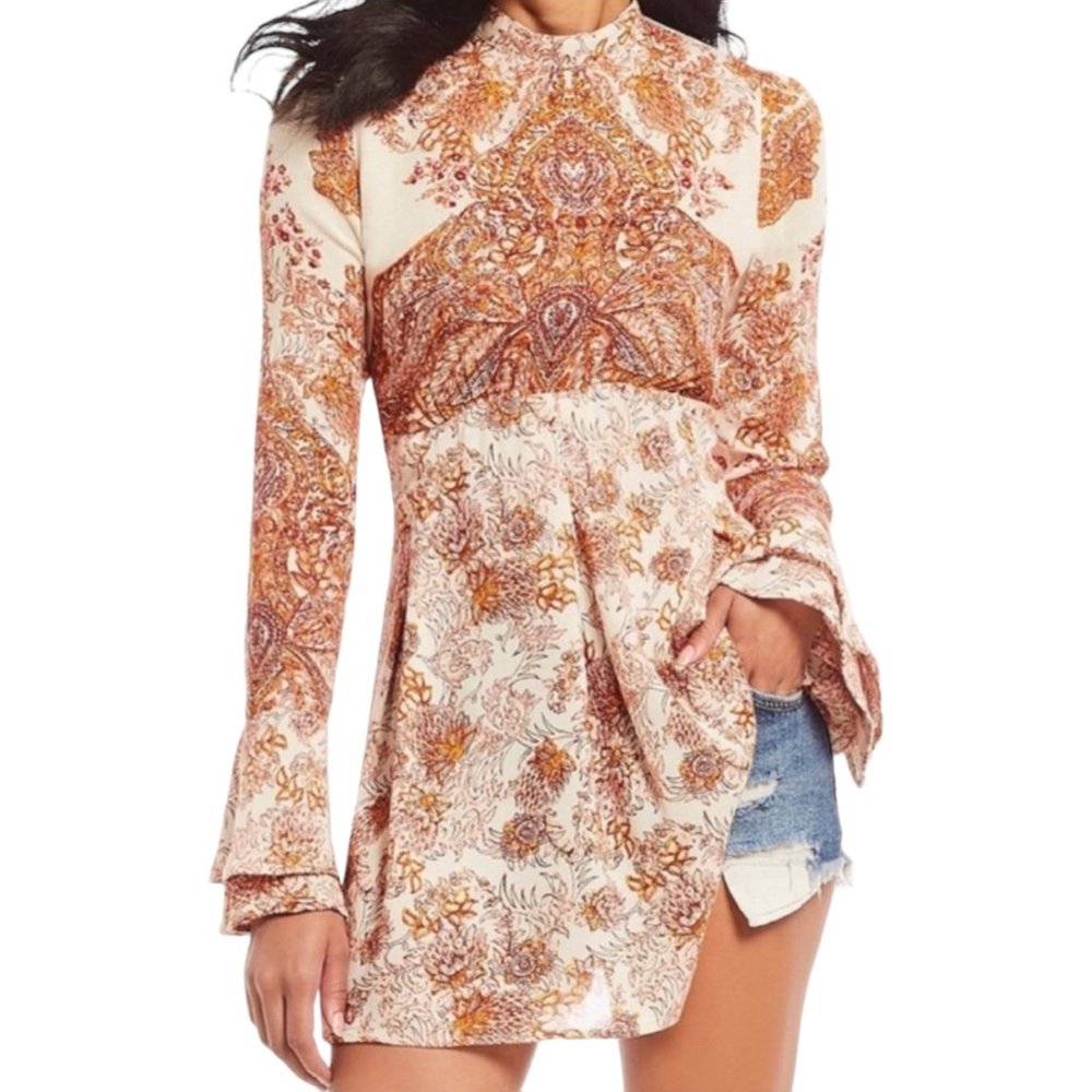 NWT FREE PEOPLE Lady Luck Tunic Dress Rust Ivory Open Back Tie Long Sleeve XS - Picture 2 of 12